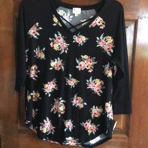 Mid sleeve black shirt with floral print